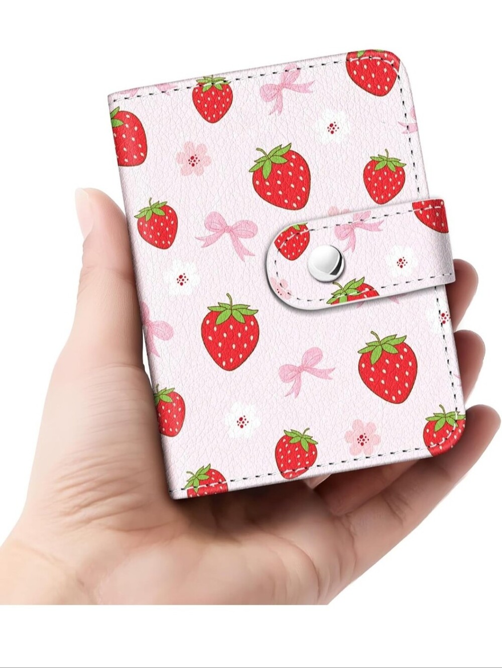 Pink Strawberry Print Kids Card Wallet with Snap Closure - Cute Cardholder